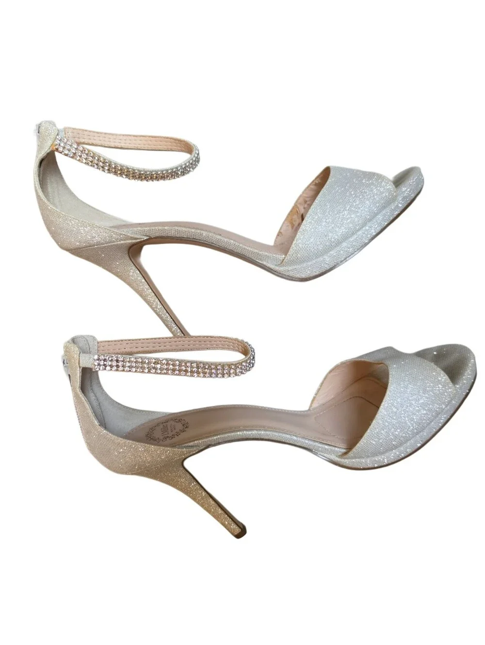Women Heel Ankle Strap Size 9.5 Silver Sparkle Back Zip Evening Shoes